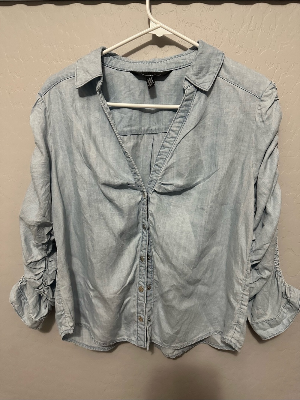 White House Black Market Light Blue Button-Front Shirt with Ruched Sleeves
